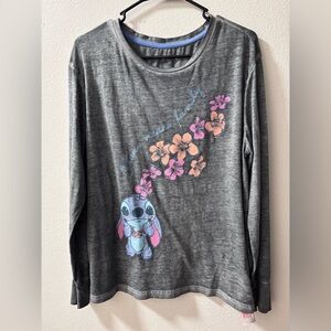 Disney Gray Long Sleeve soft Tee w Stitch and Pink Floral print L